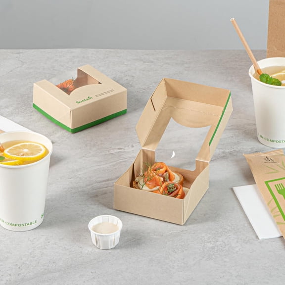 -Sustain 11 Ounce Sturdy Paper Take Out Boxes, 200 Disposable Take Out Food Containers - With PLA lining, Clear PLA Window, Bamboo Paper Containers, Compostable, Greaseproof