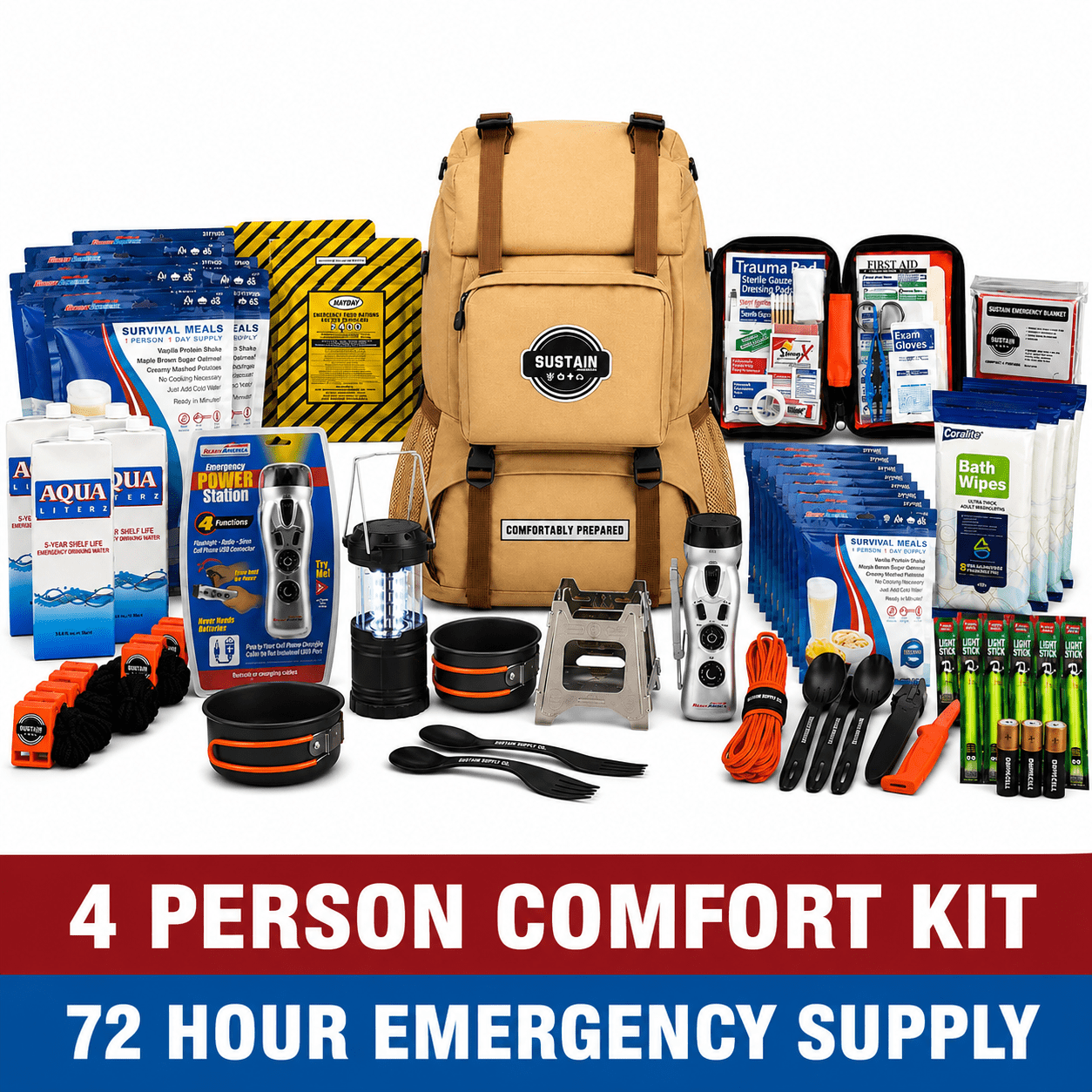 Sustain Supply Emergency Survival Kit for 4 People, 72 Hour Disaster Preparedness Backpack with Food, Water, First Aid & Emergency Supplies