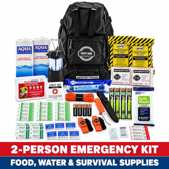 Sustain Supply Essentials 2-Person 72-Hour Emergency Backpack with Food, Water and First Aid