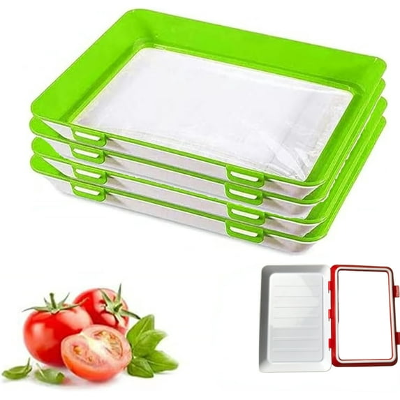 Sustainable & Reusable Food Preservation Tray, Stackable Food Storage Trays with Stretch Cover, Vacuum Food Storage Containers for Home & Travel (Green,5 Set)