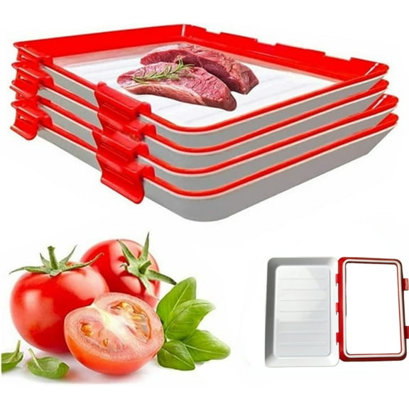 Sustainable & Reusable Food Preservation Tray, Stackable Food Storage Trays with Stretch Cover, Vacuum Food Storage Containers for Home & Travel (Red,1 Set)
