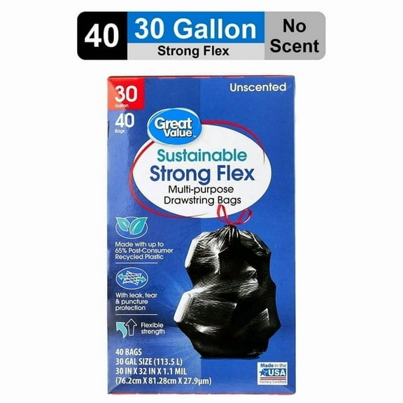 Sustainable Strong Flex Multi-Purpose Drawstring Bags, 30 Gallon, 40 Count