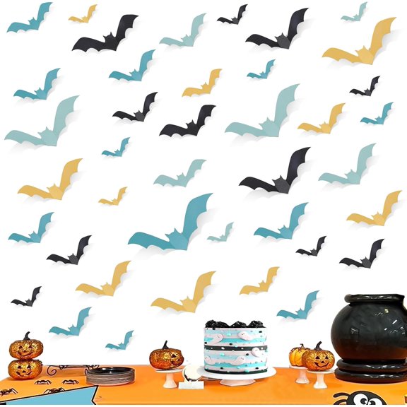 Susurprise Bat Wall Decor, 48PCS 3D Halloween Bat Wall Stickers, Bat Wall Decals Blue Black Orange for Halloween Party Decorations Halloween Home Room Bathroom Indoor Outdoor Decor