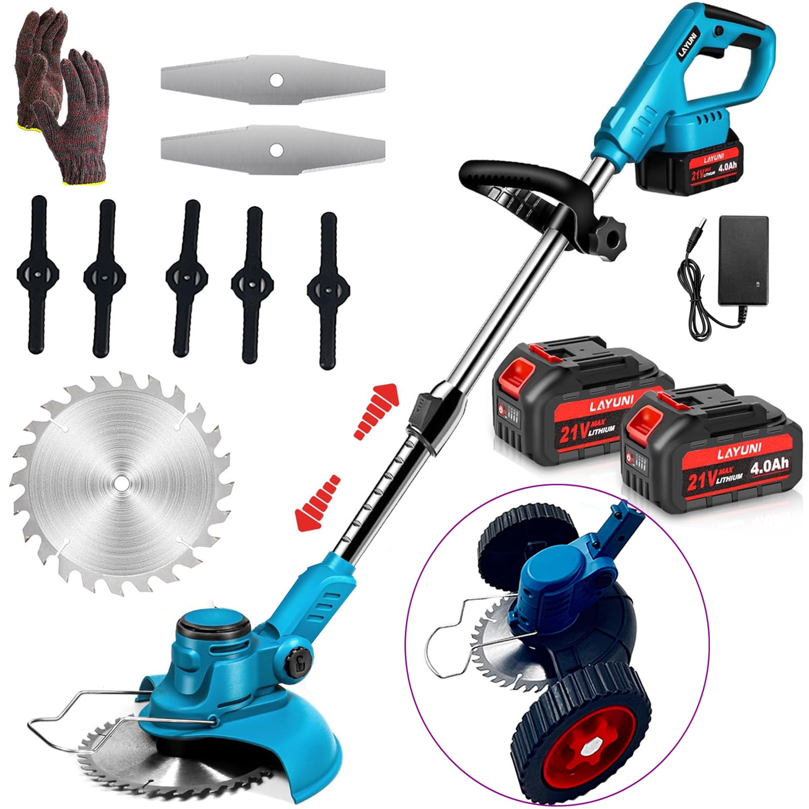 Susuzi Electric Weed Wacker, 21V Cordless String Trimmer with Wheels, Adjustable Length, Weed Eater Grass Trimmer/Edger/Brush Cutter for Lawn Yard Garden