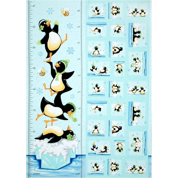 Susybee Gwyn the Penguin Gwyn Growth Chart 36 In. Panel Aqua 100% Cotton Fabric sold by the panel