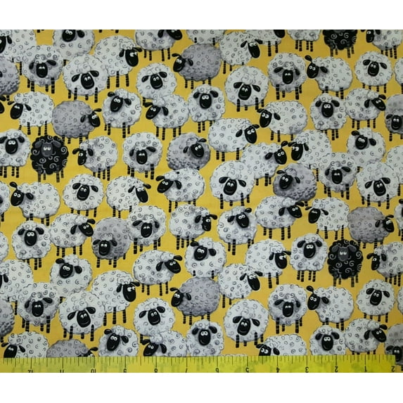 Susybee's Lewe Sheep All Over Yellow 100% Cotton Fabric By The Yard