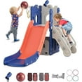 thumbnail image 1 of Suteck 7 in 1 Toddler Slide, L-Shaped Kids Slide for Toddlers Age 1+ with Basketball Hoop and Ball, Ring Toss, Storage Space, 1 of 9