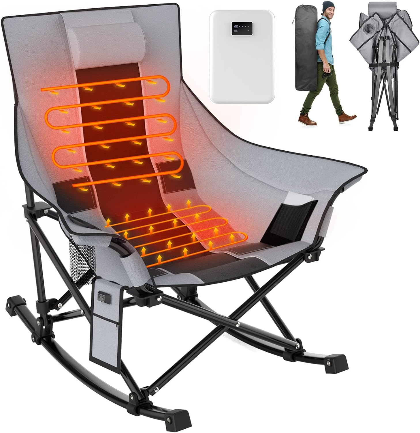 Suteck Oversized Heated Camping Chair XL Rocking Camping Chair with 3