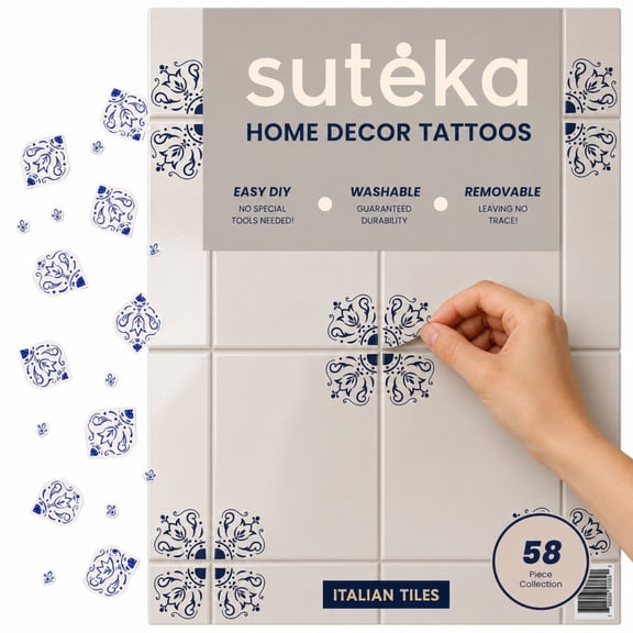 Suteka Blue Italian Tile Vinyl Decal Set, 58 Piece Semi Permanent Home Decor Tattoo for Smooth Surfaces, Heat Activated Design for Mugs, Plates, Walls, Tiles & Tableware Décor
