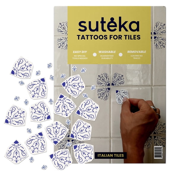 Suteka Blue Italian Tile Decal Set - 58-Piece Semi-Permanent Wall Decal, Peel & Stick Decorative Stickers for Kitchen Backsplash, Bathroom & Laundry Room Decor - Durable Color Wall Accents