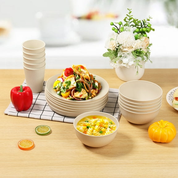 Sutowe 18Pcs Plastic Striped Camping Plates Bowls for Kids and Elderly Reusable Stackable Picnic Cups Plates Multipurpose Dishwasher Safe Dinnerware Set for Party Home