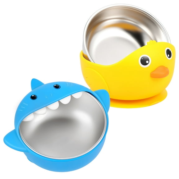 Sutowe 2 Pcs 304 Stainless Steel Baby Bowl with Suction and Removable Silicone Sleeve Cute Animal Design Toddler Bowl for Baby Feeding Soup Noodle Pasta Snack