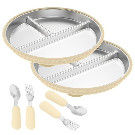 Sutowe 2 Pcs Toddler Plate Stainless Steel Baby Divided Plate with Removable Silicone Suction Cup Base Multifunctional Toddler Dish Set with Spoon and Fork for Home and Outdoor