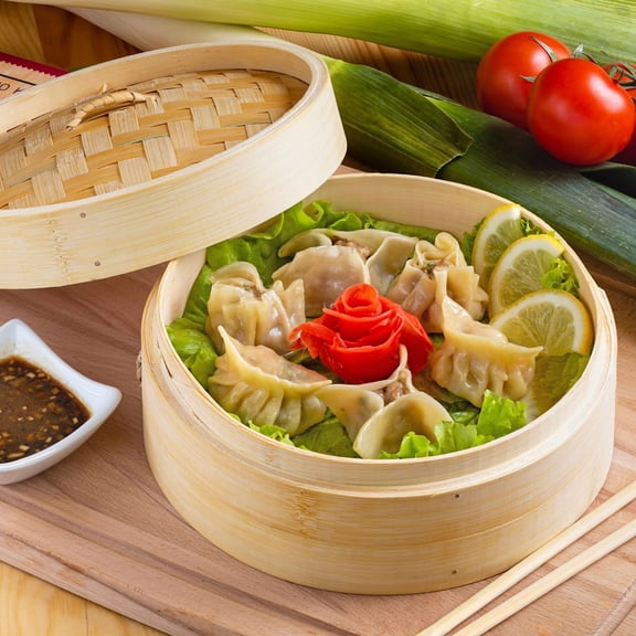 Sutowe 2 Tier Bamboo Food Steamer Basket Easy to Clean Versatile Wood Dumpling Steamer for Kitchen Restaurant Breakfast Shop