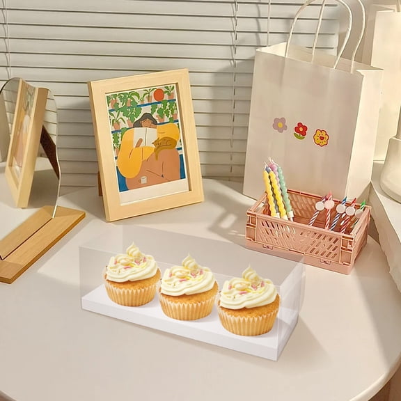 Tcwhniev 20Pcs Individual 3 Hole Cupcake Baking Boxes With Handle Easy to Assemble Transparent Muffin Containers for Party Wedding Cake Shop