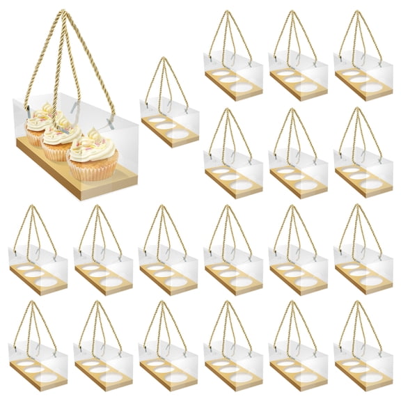 Tcwhniev 20Pcs Individual 3 Hole Cupcake Baking Boxes With Handle Easy to Assemble Transparent Muffin Containers for Party Wedding Cake Shop