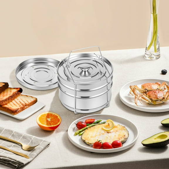 Sutowe 3 Tier Steamer Insert Pan 304 Stainless Steel Pressure Cooker Insert Pan Large Capacity Pressure Cooker Accessories for Steaming Vegetable Fish Meat