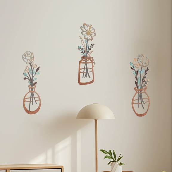 Sutowe 3Pcs Metal Flowers Wall Dcor Minimalist Metal Vase Wall Art Floral Hanging Sculpture Ornament for Living Room Bedroom Office