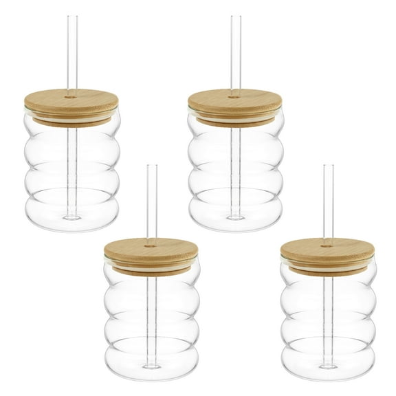 Sutowe 4Pcs Bubble Drinking Glass with Straw and Lid Heat Resistant Drinking Glass Cup Elegant Bubble Glassware Set Ribbed Glassware for Cocktail Soda Juice