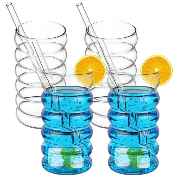 Tcwhniev 4Pcs Iced Coffee Glass 500ML Bubble Drinking Glass with Straw Wide Opening Drinking Glassware Elegant Ribbed Glassware Dishwasher Safe for Cocktail Soda Juice