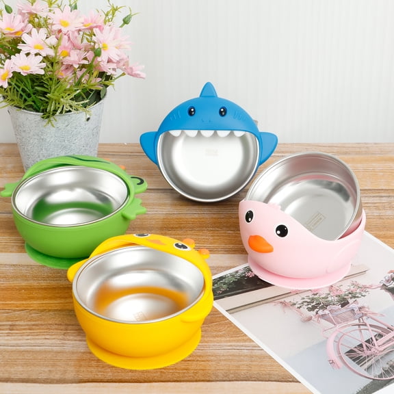 Sutowe 4Pcs Stainless Steel Baby Suction Bowl Anti Scald Toddler Suction Bowl with Removable Silicone Shell Strong Absorption for Baby