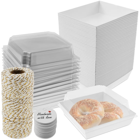 Tcwhniev 50Pcs Paper Dessert Boxes Set with Clear Lids Oil Proof Charcuterie Boxes Leak Proof Cake Storage Box for Sandwiches Cakes Pastries
