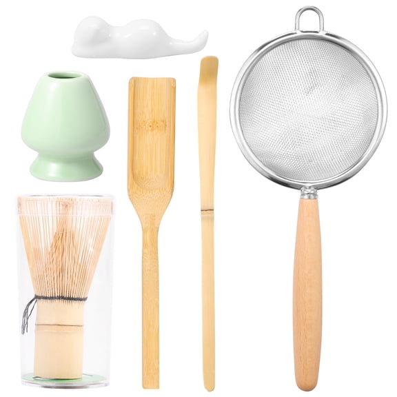 Matcha Tea Making Kit 6 Pcs, 100-Prong Bamboo Whisk, Ceramic Whisk Holder, Stainless Steel Sifter, Bamboo Scoop, Spoon & Rest, Essential Matcha Accessories for Beginners
