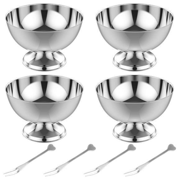 Sutowe 8Pcs Stainless Steel Ice Cream Bowl with 4 Fork Reusable Pudding Cup Portable Dessert Bowl for Dessert Sundae Salad Cocktail Condiment Trifle