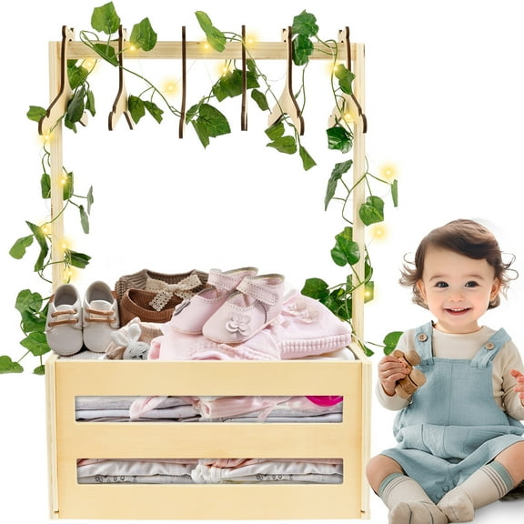 Tcwhniev Baby Shower Crate Personalized Wood Baby Shower Basket with Handle and 6 Clothes Hanger Easy Assembly Wood Crate Box for Mom New Parents