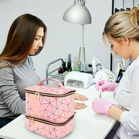 Tcwhniev Compartmental Holographic Nail Polish Organizer Bag Zipper Closure Double Layers Nail Supplies Storage Box for Home Travel Salon Use