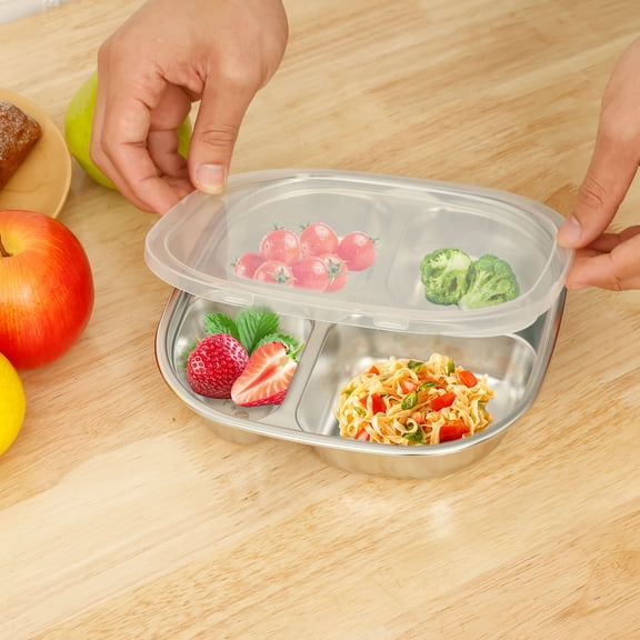 Sutowe Divided Plate 316 Stainless Steel Portion Control Tray with Lid 4 Compartments Portion Control Dish Kid Plate Snack Container for Camping Picnic School