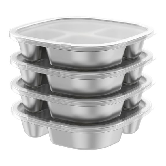 Sutowe Divided Plate 316 Stainless Steel Portion Control Tray with Lid 4 Compartments Portion Control Dish Kid Plate Snack Container for Camping Picnic School