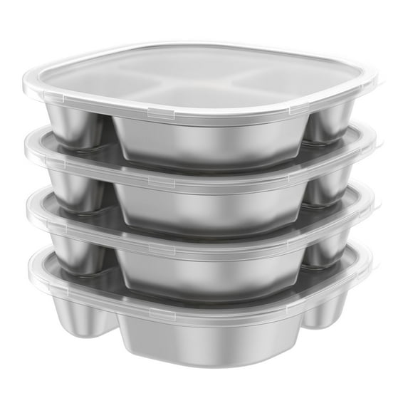 Sutowe Divided Plate 316 Stainless Steel Portion Control Tray with Lid 4 Compartments Portion Control Dish Kid Plate Snack Container for Camping Picnic School