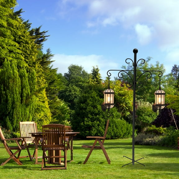 Tcwhniev Double Shepherd Hooks 76inch Metal Shepherd Crook Hook Rust Resistant Bird Feeder Pole with 5 Prongs Base for Bird Feeder Lanterns Plant Baskets