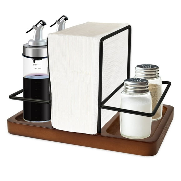 Sutowe Napkin Holder Wood Serviette Holder 360 Rotating Napkin Salt and Pepper Caddy Elegant Serviette Dispenser for Dining Table Countertop Office