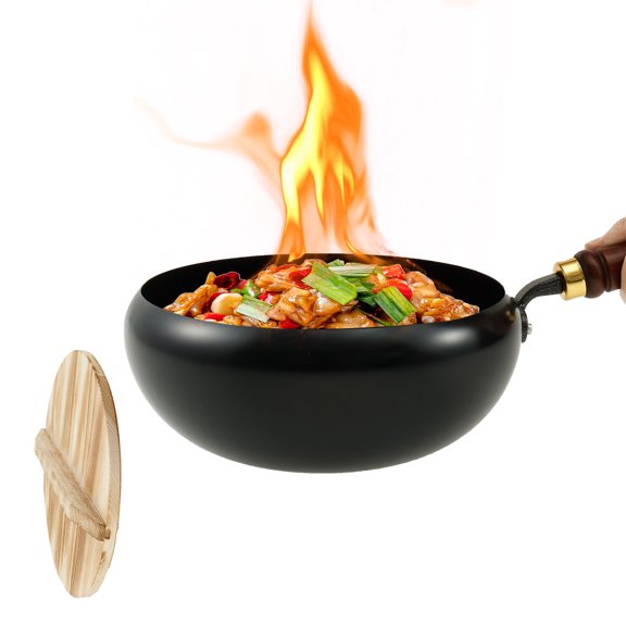 Sutowe Uncoated Iron Pan with Wood Lid Hand Forged Iron Pan Without Coating with Heat Retention Function for Kitchen Various Culinary Styles Recipes