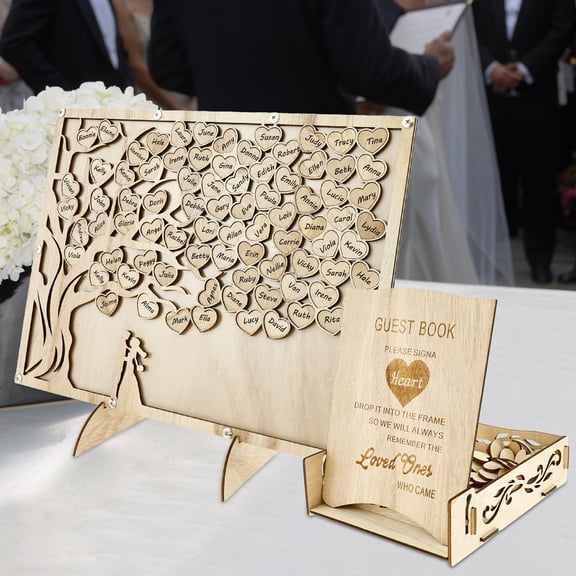 Sutowe Wedding Guest Book Alternative Personalized Guest Book Wedding Reception Practical Wedding Guest Book Set with Stand Card Box Wood Hearts for Anniversary Birthday Party Baby Shower