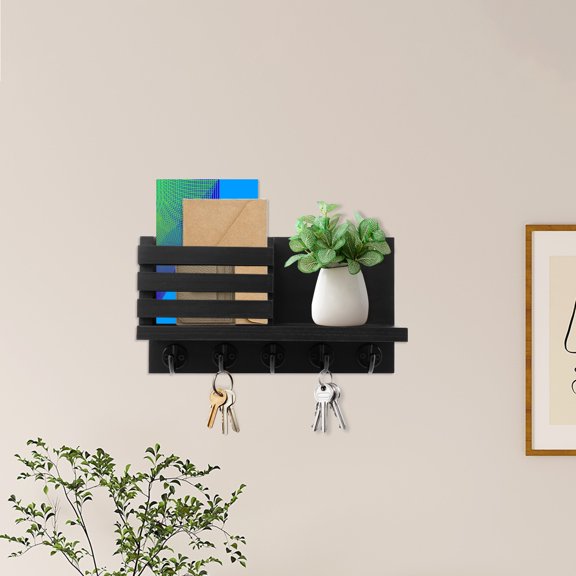 Sutowe Wood Key Holder High Load Bearing Capacity Wall Mail Organizer with 5 Hook Easy to Access Storage Shelf Space Saving for Home