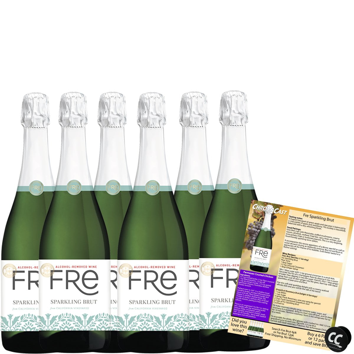 Sutter Home Fre Sparkling Brut Non-Alcoholic Champagne Experience Bundle with Chromacast Pop Socket, Seasonal Wine Pairings & Recipes, 12/750ML, 6-Pack