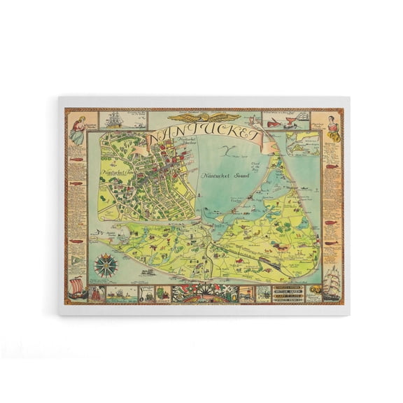 Sutton 1946 Pictorial Map Nantucket Island Canvas Wall Art Print 12X16"