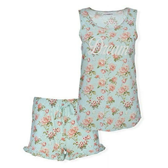 Sutton Industries - Sag Harbor Women's Floral Sleepwear Set - Soft Nightdress Spandex Short Sleeve Nightgown - Shorts Pajama Set - Adjustable self-tie Waist (Small) Aqua