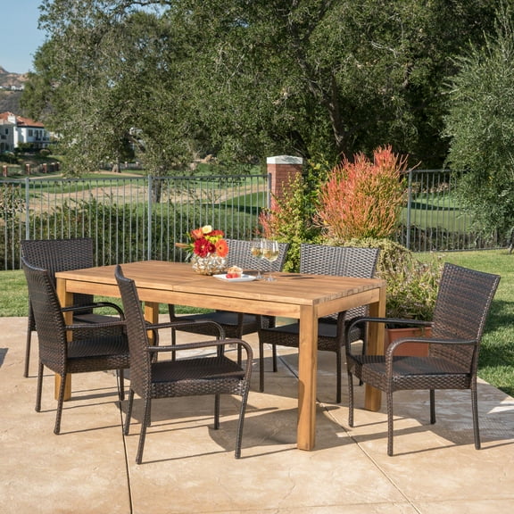 Sutton Outdoor 7 Piece Wicker Dining Set with Wood Expandable Dining Table,Teak Finish, Multibrown