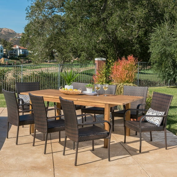 Sutton Outdoor 9 Piece Wicker Dining Set with Wood Expandable Dining Table,Teak Finish, Multibrown