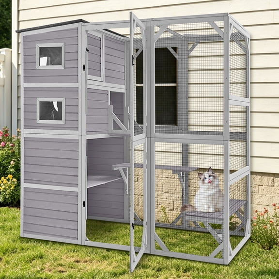 Suumerpety 77"L x 70"H Wooden Walk-In Catio, Indoor Outdoor Cat Enclosure with Waterproof Roof Multi Level Platforms for Multiple CatsGray