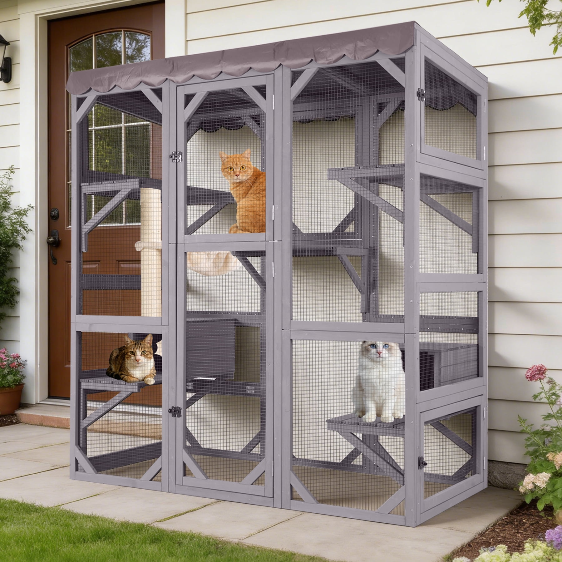 Suumerpety Catio Outdoor Cat Enclosure 70" Large Wooden Cat House with Weatherproof Roof & 7 Platforms & 2 Condons Window Catio for Indoors and Outdoors Gray