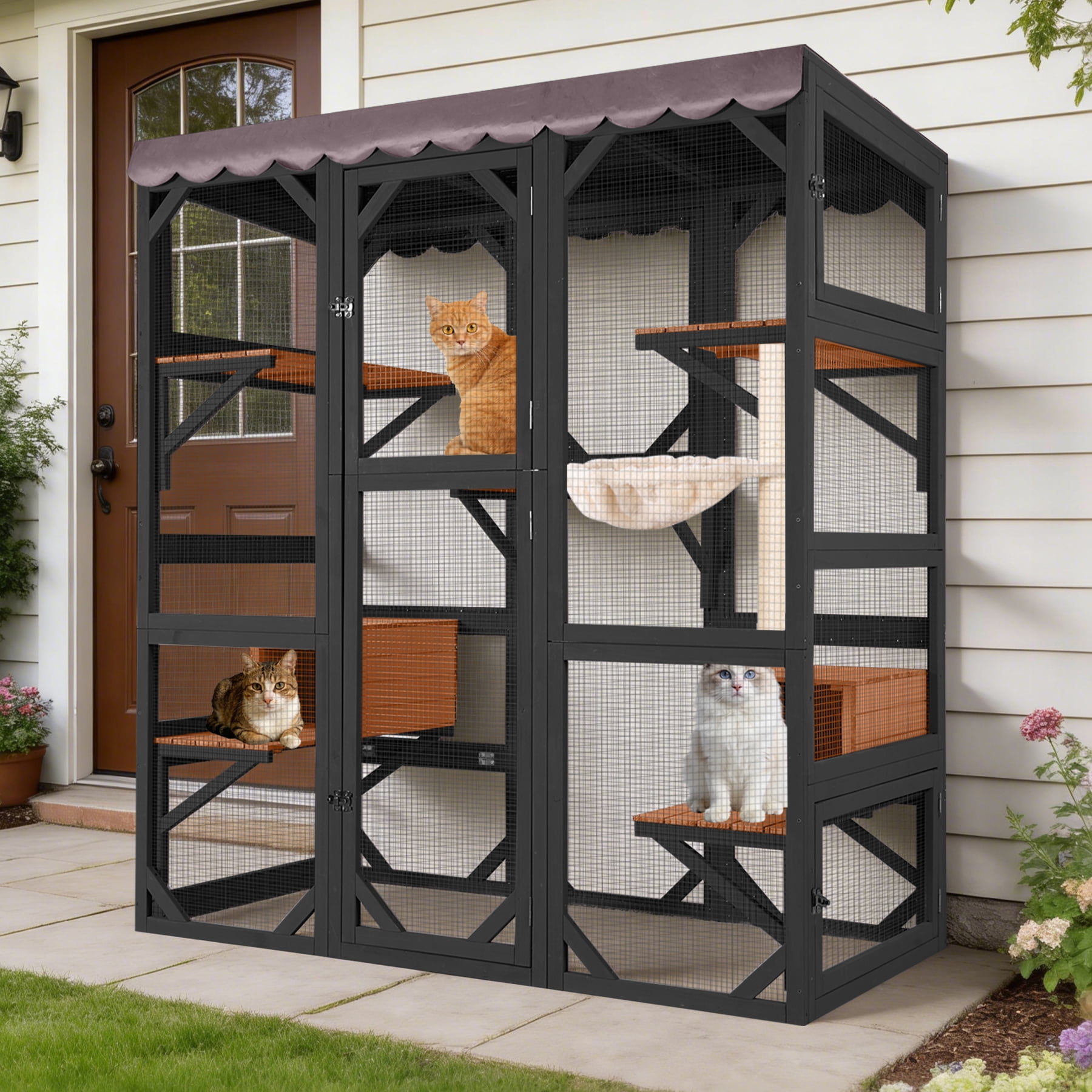 Suumerpety Catio Outdoor Cat Enclosure 70" Large Wooden Cat House with Weatherproof Roof & 7 Platforms & 2 Condons Window Catio for Indoors and Outdoors Black