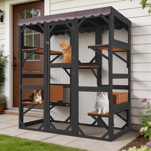 Suumerpety Catio Outdoor Cat Enclosure 70" Large Wooden Cat House with Weatherproof Roof & 7 Platforms & 2 Condons Window Catio for Indoors and Outdoors Black