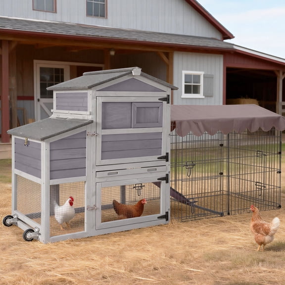 Suumerpety Chicken Coop with Wheels & Metal Run for 4-6 Chickens, Chicken House with Leak-Proof Tray, UV-Resistant Roof & Nesting Box for Outdoor Backyard, Gray