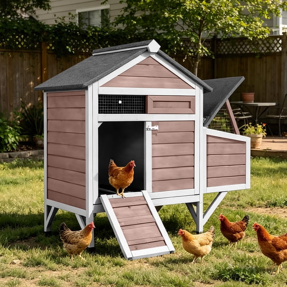 Suumerpety Elevated Wooden Chicken Coop with Nesting Box Weatherproof Asphalt Roof Pull‑Out Tray for 2‑4 Chickens Ducks Lockable Chicken Cage Brown