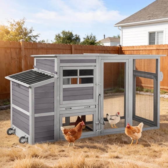 Suumerpety Portable Large Chicken Coop with Wheels, Run, Nesting Box, PullOut Tray & Weatherproof Mobile Chicken Cage for 46 Chickens, Grey